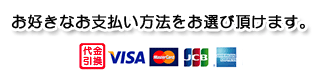 お好きなお支払い方法をお選び頂けます。VISA、MasterCard、JCB、AMEX